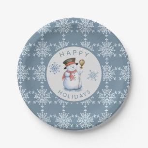 Blue Gray Snowflakes Snowman Holiday Party Pappteller