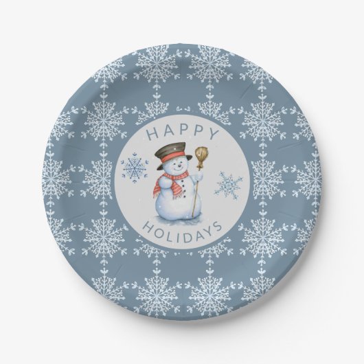 Blue Gray Snowflakes Snowman Holiday Party Pappteller (Vorderseite)