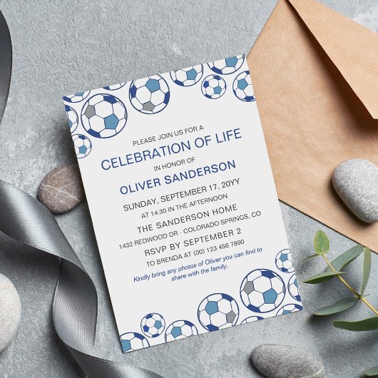 Blue Gray Soccer Ball Celebration of Life Einladung