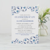 Blue Gray Soccer Ball Celebration of Life Einladung (Stehend Vorderseite)