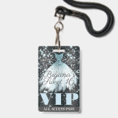 Blue Gray Sparkle Dress Sweet 16 VIP Pass Ausweis (Rückseite mit Lanyard)