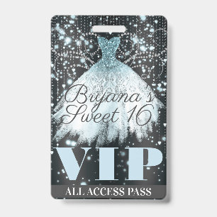 Blue Gray Sparkle Dress Sweet 16 VIP Pass Ausweis