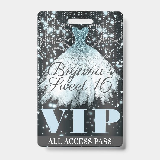 Blue Gray Sparkle Dress Sweet 16 VIP Pass Ausweis (Vorderseite)