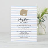 Blue Gray Stripes Boy Baby Dusche per Post Einladung (Stehend Vorderseite)