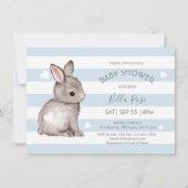 Blue Gray Stripes Bunny Heart Baby Dusche einladen Einladung (Vorderseite)