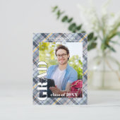 Blue Gray Tartan Karierter Abschluss Ankündigung Postkarte (Stehend Vorderseite)