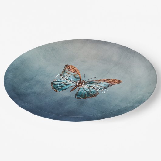 Blue Gray Texture Butterfly Pappteller (Schrägansicht)