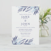 Blue Gray Watercolor Foliage Wedding Einladung (Stehend Vorderseite)