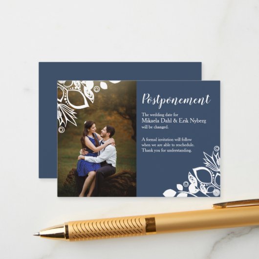 Blue Gray Wedding Postponement Card Hinweiskarte (Vorderseite/Rückseite Beispiel)