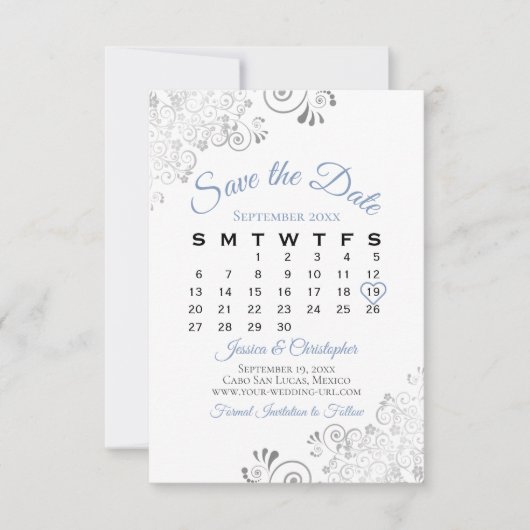 Blue Gray & White Einfache Hochzeitskalender Save The Date (Vorderseite)