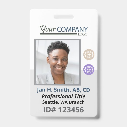 Blue-Gray White Employee Foto ID, Logo & QR Code Ausweis (Front)