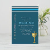 Blue Gray White Gold Chalice erste Kommune Einladung (Stehend Vorderseite)