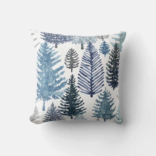 Blue Gray Winter Pine Trees Holiday Throw Pillow Kissen (Vorderseite)