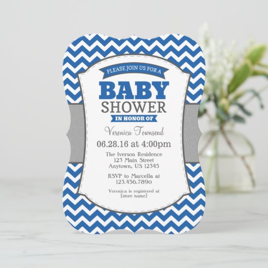Blue Gray Zickzack Baby Dusche Einladung (Stehend Vorderseite)