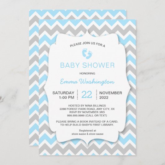 Blue Gray Zickzack Baby Dusche Einladung (Vorne/Hinten)