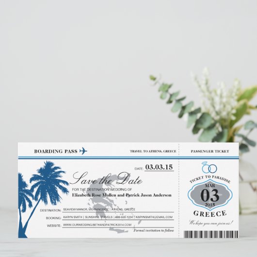 Blue Greece Boarding Pass Save the Date (Stehend Vorderseite)