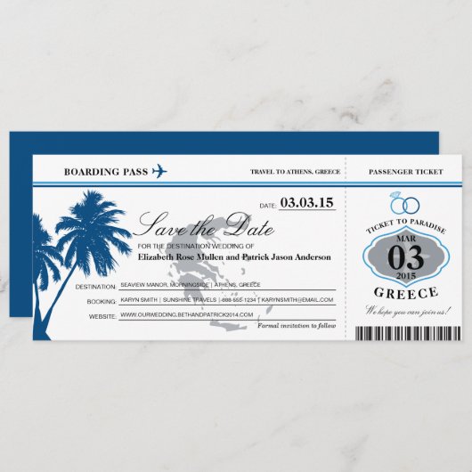 Blue Greece Boarding Pass Save the Date (Vorne/Hinten)
