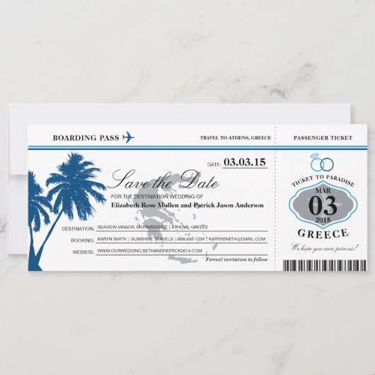 Blue Greece Boarding Pass Save the Date (Vorderseite)