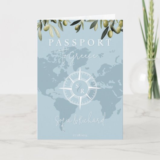 Blue Greece Wedding Passport World Map Compass Einladung (Vorderseite)