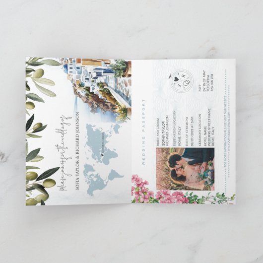 Blue Greece Wedding Passport World Map Compass Einladung (Innenseite)