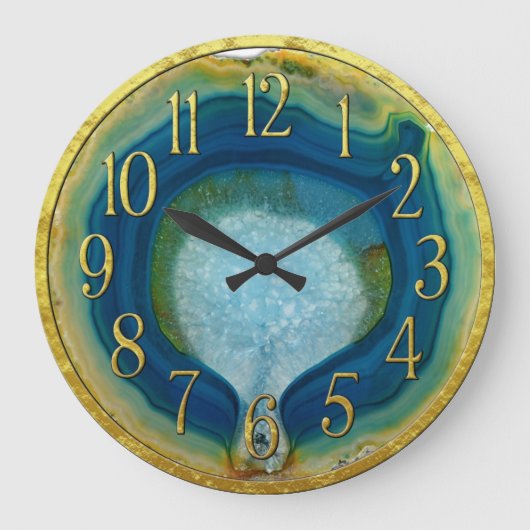 Blue & Green Agate Geode with Crystals Gold Detail Große Wanduhr (Vorderseite)