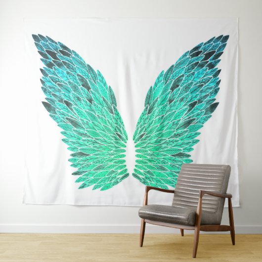 Blue-Green Angel Wings Tapestry Wandteppich (Beispiel (Horizontal))