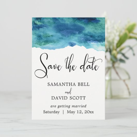 Blue Green Aqua Wasserfarbe Moderne Save the Date (Stehend Vorderseite)