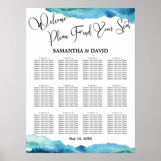Blue Green Aqua Watercolor Hochzeitsstift Poster (Vorne)