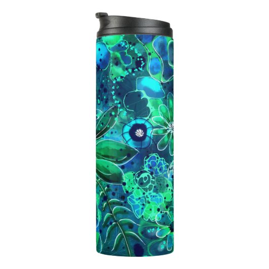 Blue Green Aquamarin Floral Abstrakte Blume Blume Thermosbecher (Nach rechts gedreht)