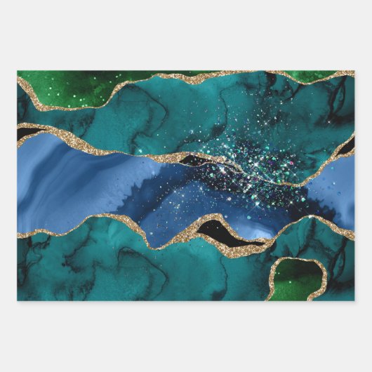 Blue, Green & Aquamarin & Gold Glitzer Peacock Aga Geschenkpapier Set (Vorderseite)