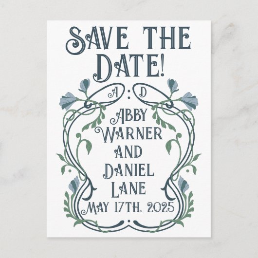 Blue-Green Art Nouveau Rett-the-Date Postkarte (Vorderseite)