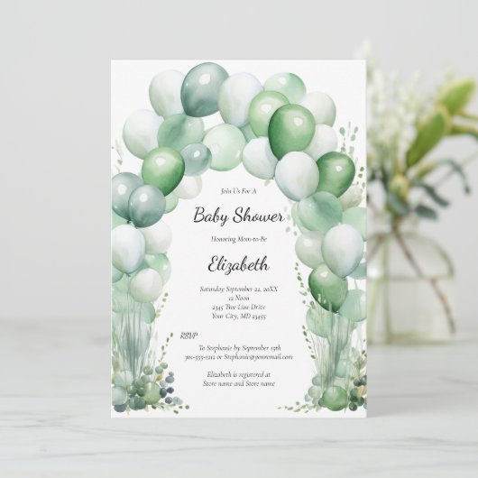 Blue Green Balloons Floral Baby Boy Baby Dusche Einladung (Stehend Vorderseite)