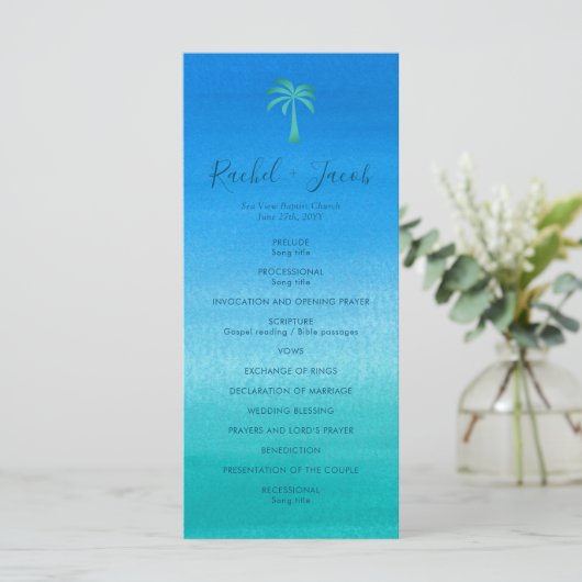 Blue Green Beach Tropical Palm Tree Wedding Programm (Stehend Vorderseite)