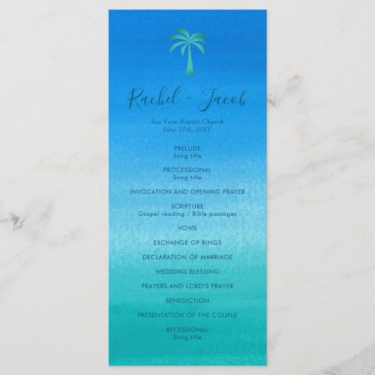 Blue Green Beach Tropical Palm Tree Wedding Programm (Vorderseite)