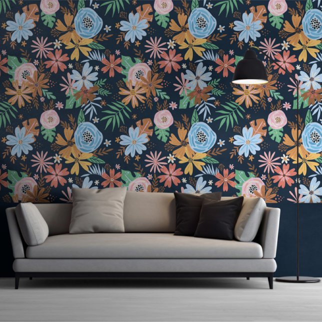 Blue Green Big Bold Blume Muster Tapete (Blue Green Big Bold Flower Pattern Wallpaper from Ricaso. 

Bold choice for the trendy designer home)
