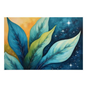 Blue Green Blätter Golden Sun und Stars Poster