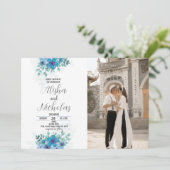 Blue Green Blume Hochzeitseinladungen mit Foto Einladung (Stehend Vorderseite)
