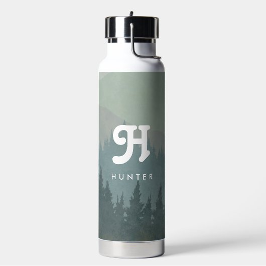 Blue Green Boho Monogram Mountain & Forest Retro Trinkflasche (Links)