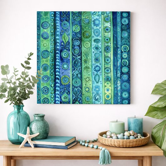 Blue Green Boho Stripe Watercolor Wall Art Poster