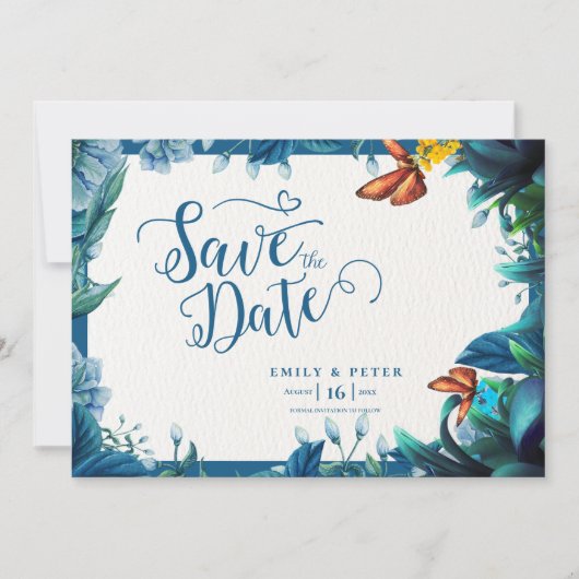 Blue Green Botanical Butterfly Elegant Wedding Save The Date (Vorderseite)
