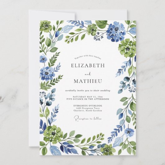 Blue Green Botanical Whimsical Wedding Einladung (Vorderseite)