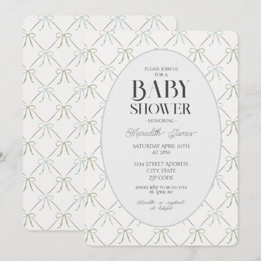 Blue & Green Bows Kinderdusche Einladung (Vorne/Hinten)