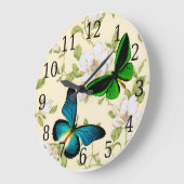 Blue & Green Butterflies On Dogwood Flowers Clock Große Wanduhr (Winkel)