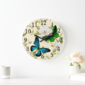 Blue & Green Butterflies On Dogwood Flowers Clock Große Wanduhr (Zuhause)