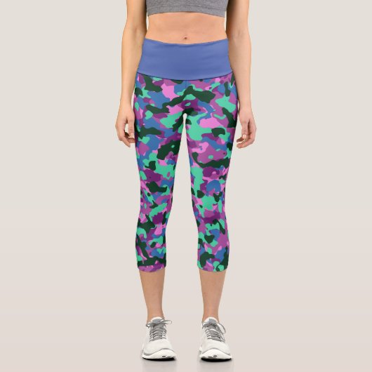Blue Green Camouflage Capri Leggings, stilvolle Ca Leggings (Vorderseite)