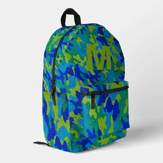 Blue Green Camouflage Glitter Outdoorsy Monogram Bedruckter Rucksack (Rückseitige Ecke links)