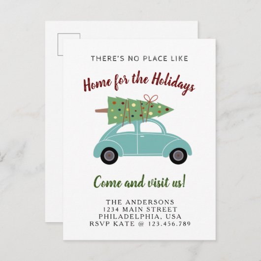 Blue Green Car mit Weihnachtsbaumwanderung Ankündigungspostkarte (Vorne/Hinten)