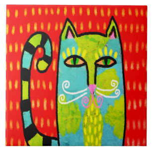 Blue Green Cat Abstrakte digitale Malerei Fliese