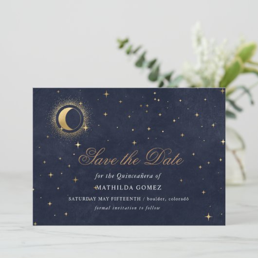 Blue Green Celestial Quinceañera Save the Date Einladung (Stehend Vorderseite)