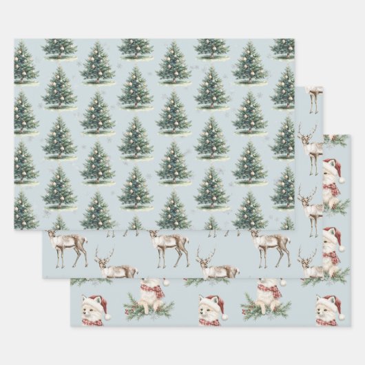 Blue Green Christmas Trees Deer Fox Geschenkpapier Set (Set)